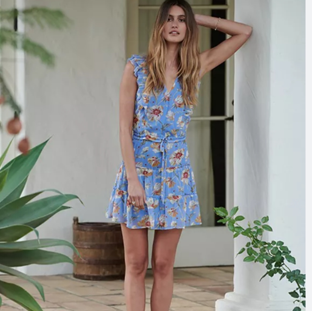 Paige Barbarella Silk Blue Floral Mini Dress in Dream Blue Poppy Meadow S